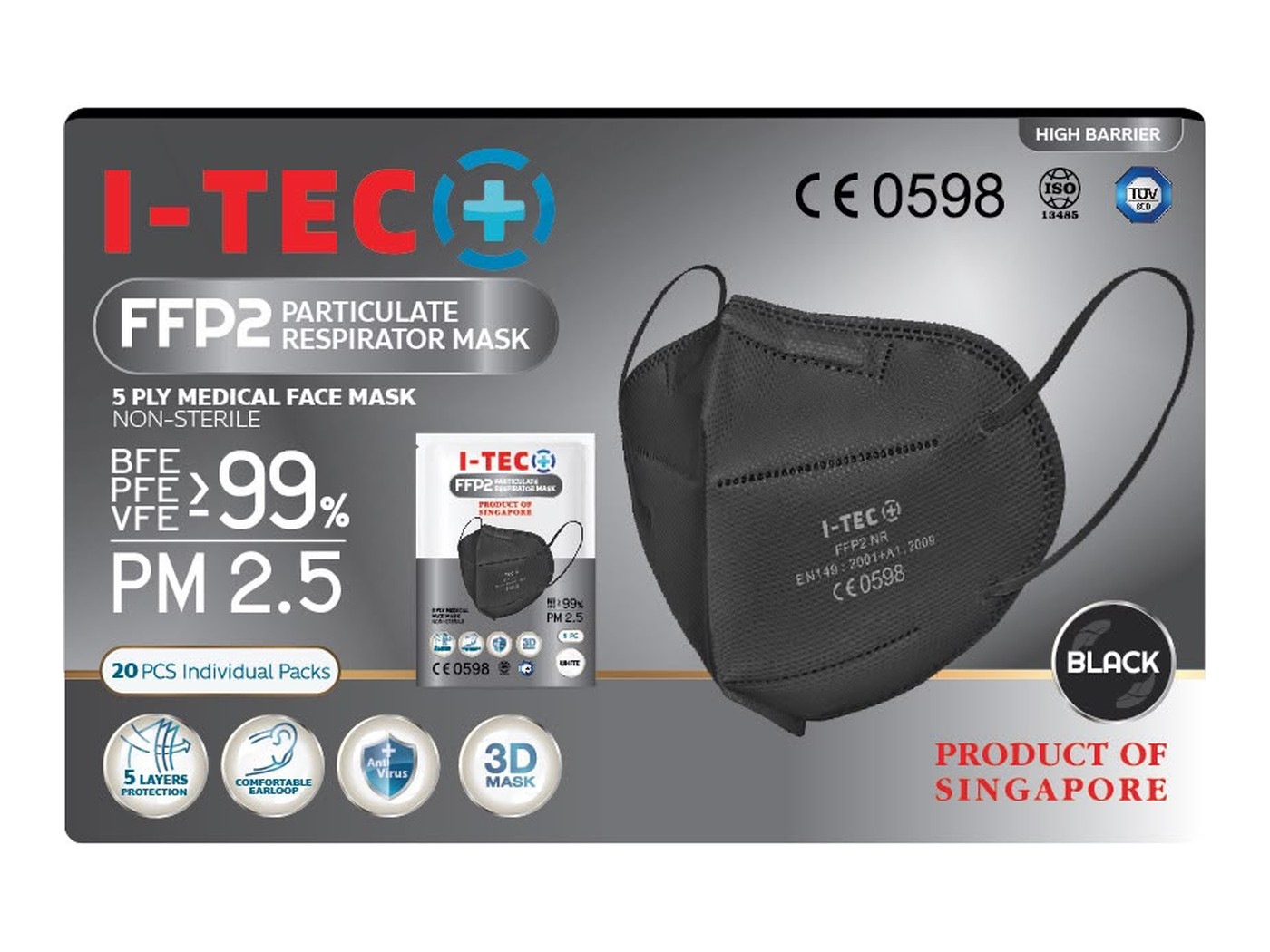 I-TEC FFP2 Particulate Respirator Mask in black, retail box printed with the Product of Singapore mark
