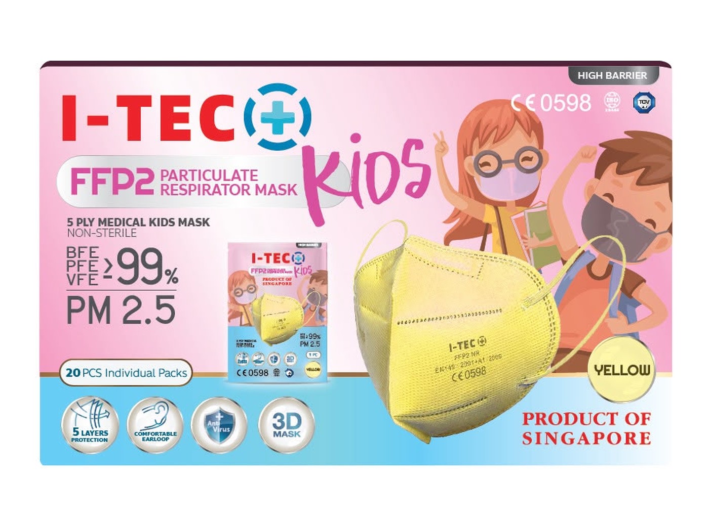 I-TEC FFP2 Particulate Respirator Mask for children in yellow, retail box printed with the Product of Singapore mark