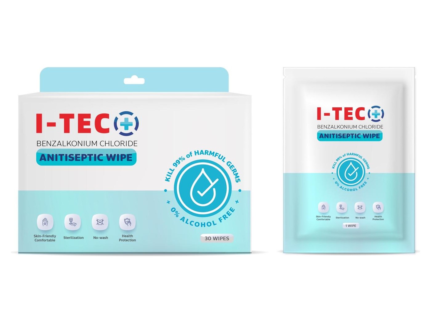 I-TEC Benzalkonium Chloride Antiseptic Wipes, 30-wipe carton and single sachet